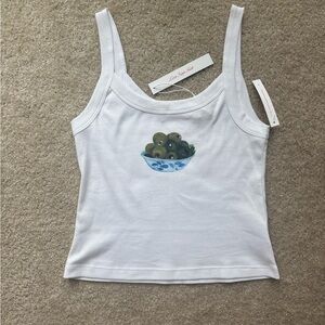 Lisa Says Gah White Tank Top with Olive Bowl Design